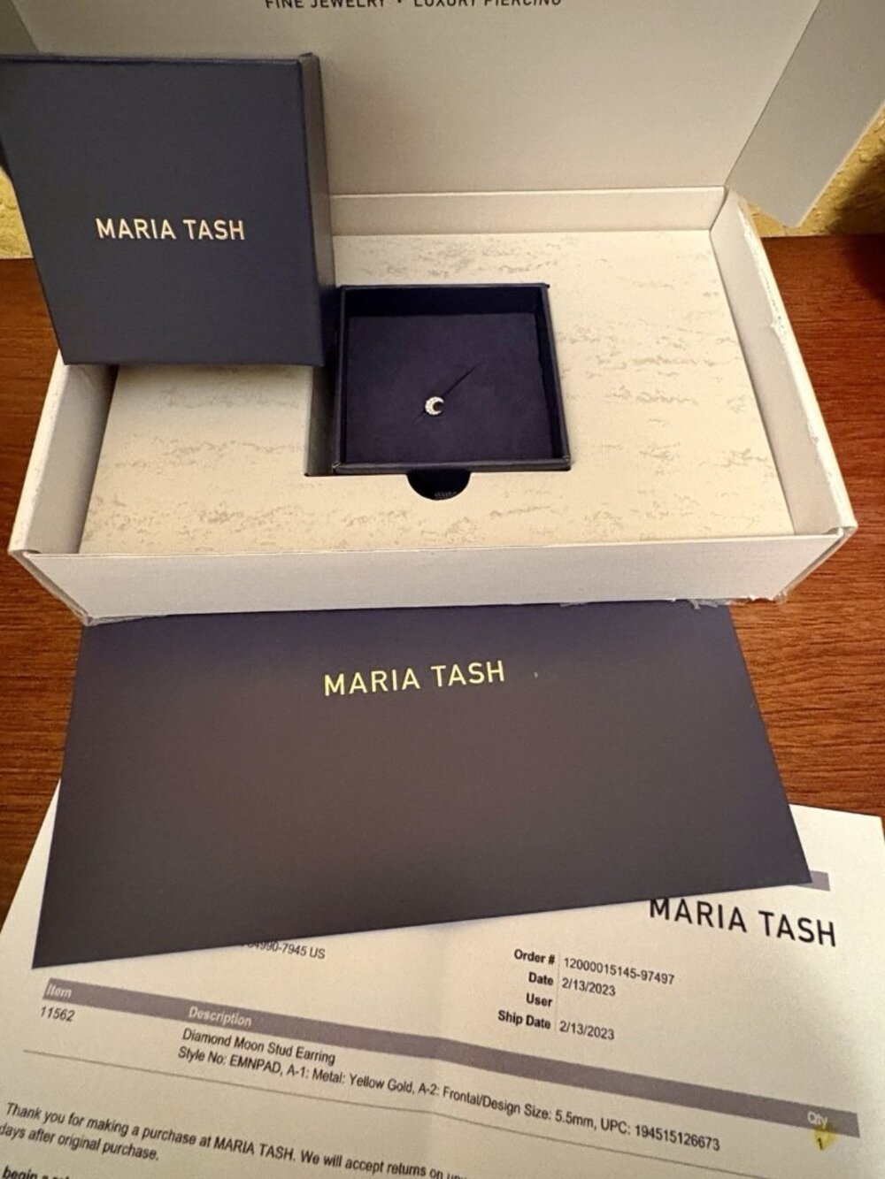 MARIA TASH Diamond Moon 🌙 Stud Earring 18k Solid Yellow Gold 4.5 mm VS/G